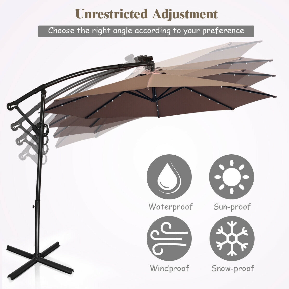 10 ft 360° Rotation Solar Powered LED Patio Offset Umbrella without Weight Base-Tan Kids Crystal
