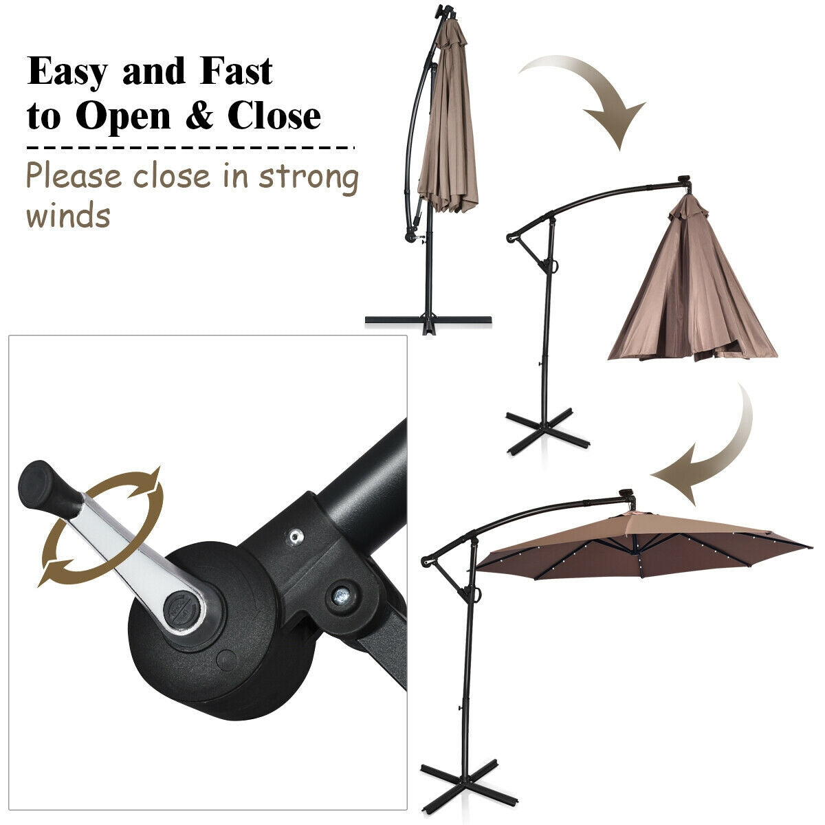 10 ft 360° Rotation Solar Powered LED Patio Offset Umbrella without Weight Base-Tan Kids Crystal