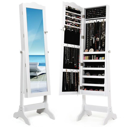 Mirrored Lockable Jewelry Cabinet Armoire Organizer Storage Box-White Kids Crystal