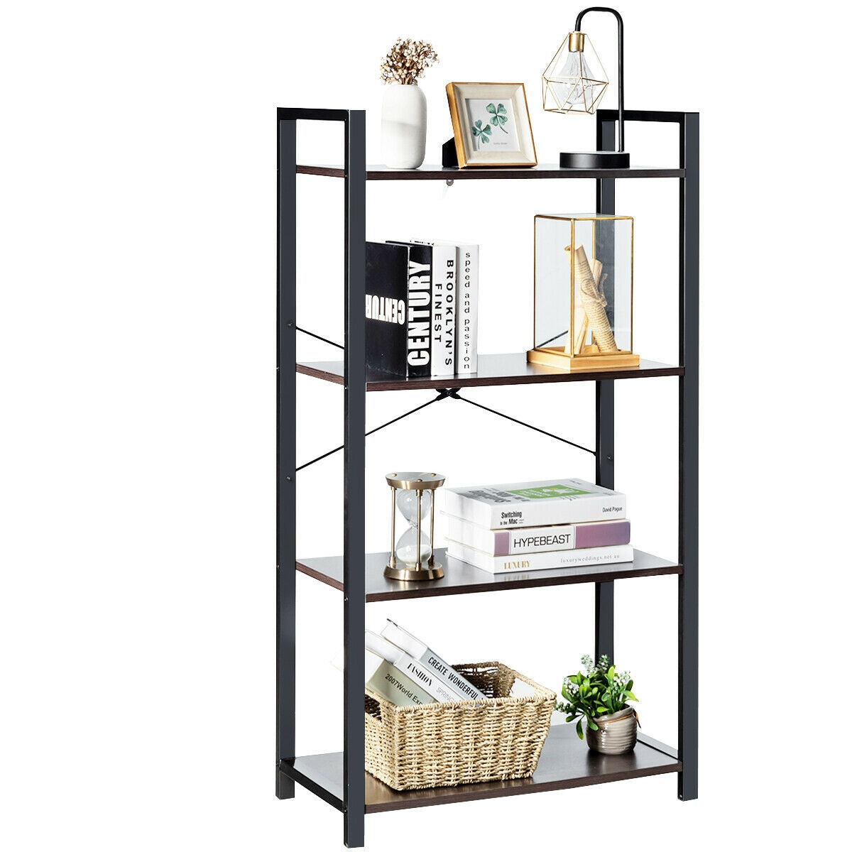 4-Tier Bookshelf Industrial Bookcase Plant Flower Stand-Black Kids Crystal