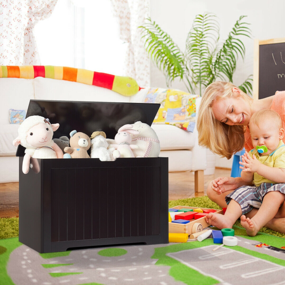 Toy Box Wooden Toy Organizer with Flip-Top Lid-Brown Kids Crystal