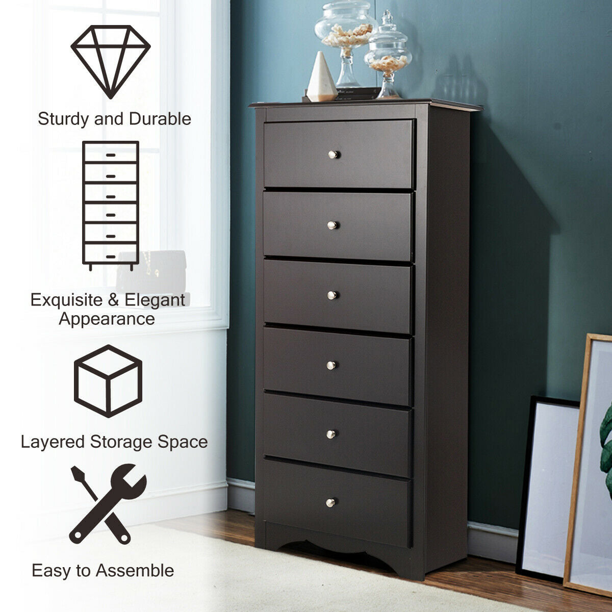 6 Drawers Chest Dresser Clothes Storage Bedroom Furniture Cabinet-Brown Kids Crystal