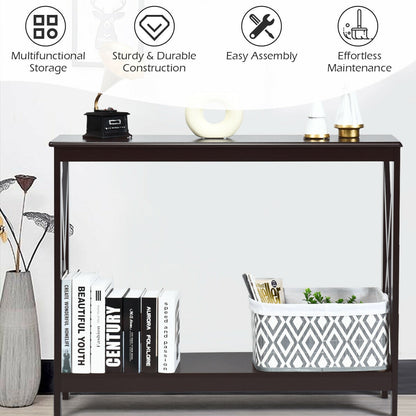 2-Tier Console X-Design Sofa Side Accent Table-Dark Brown