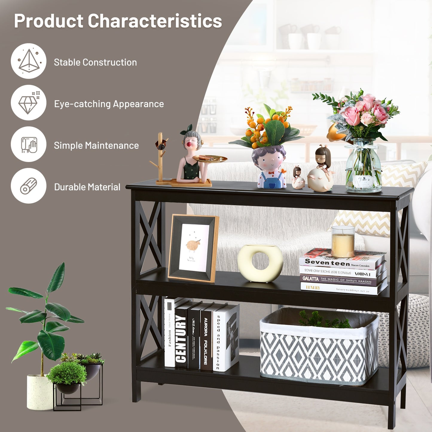 3-Tier Console X-Design Sofa Side Accent Table-Dark Brown Kids Crystal