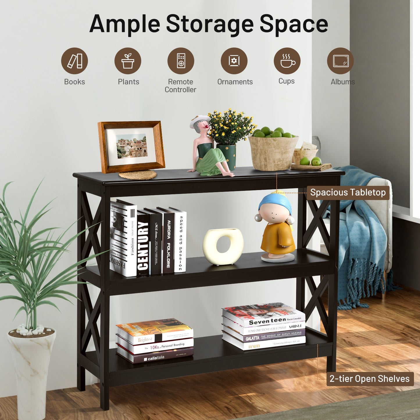 3-Tier Console X-Design Sofa Side Accent Table-Dark Brown Kids Crystal