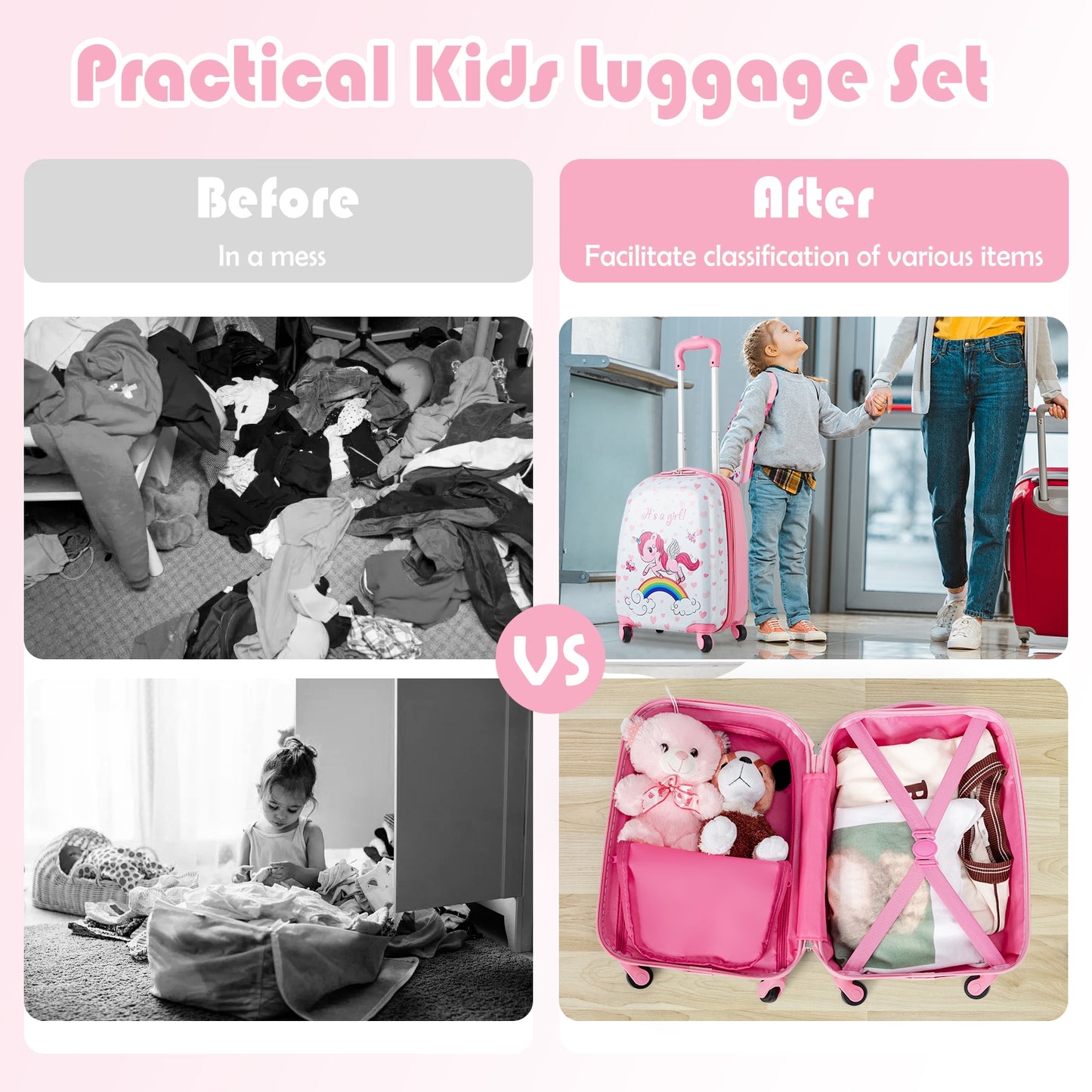 2 Pieces Kids Luggage Set 12 Inch Backpack and 16 Inch Kid Carry on Suitcase with Wheels Kids Crystal