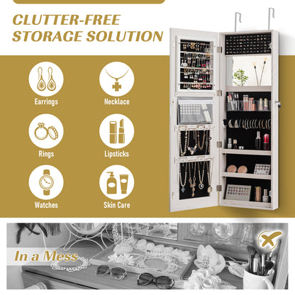 Lockable Storage Jewelry Cabinet  with Frameless Mirror-White