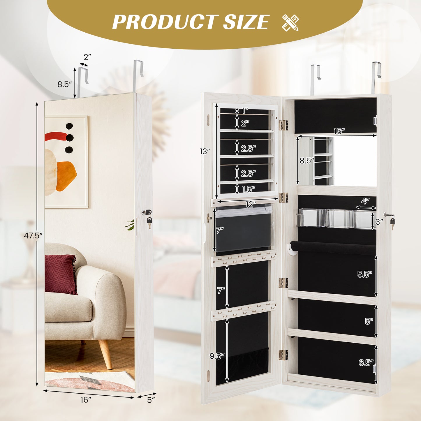 Lockable Storage Jewelry Cabinet  with Frameless Mirror-White Kids Crystal