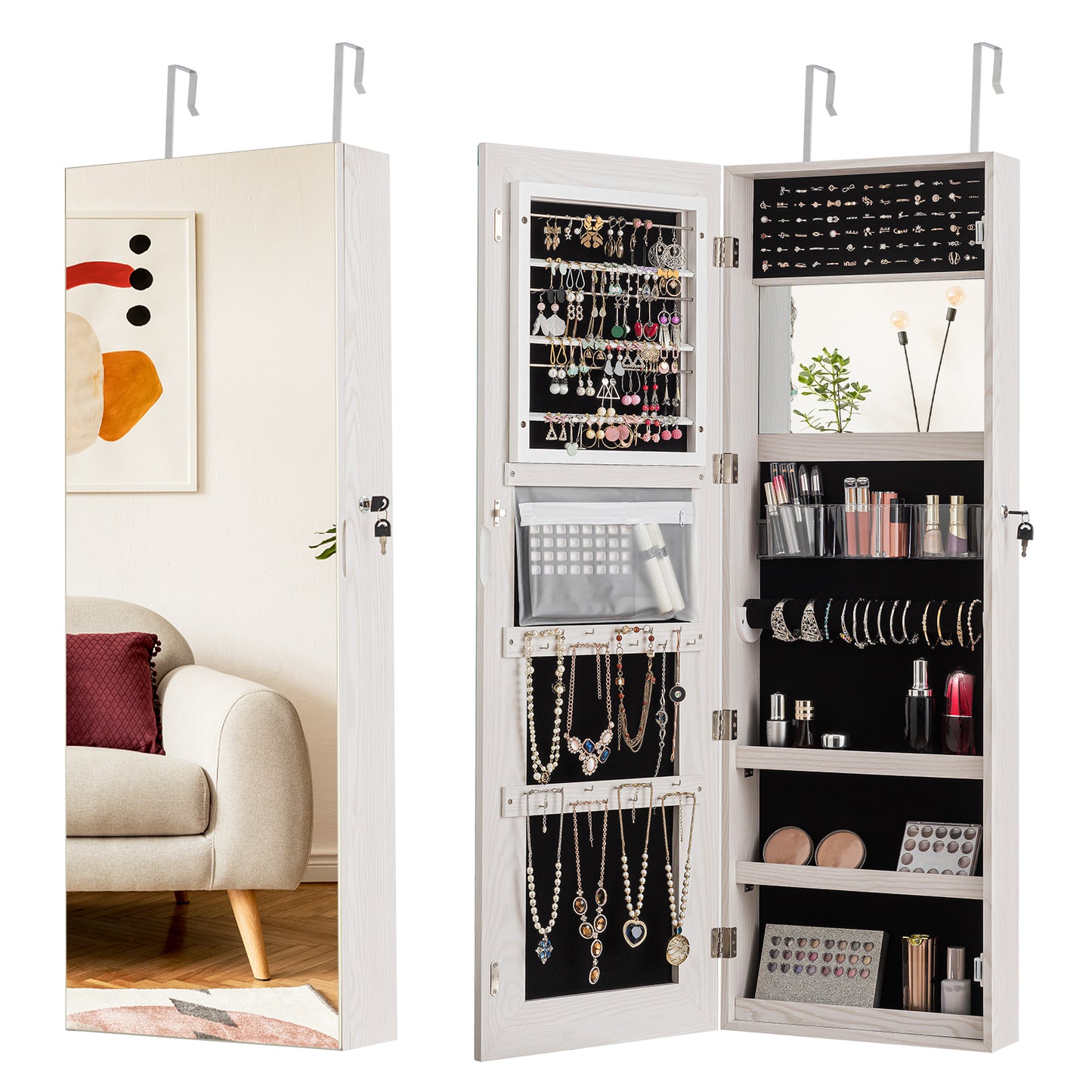 Lockable Storage Jewelry Cabinet  with Frameless Mirror-White Kids Crystal
