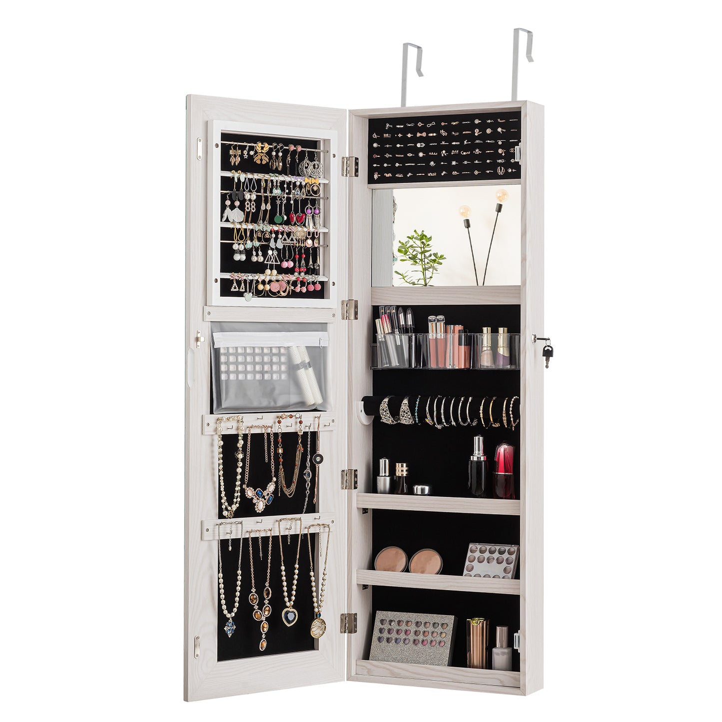 Lockable Storage Jewelry Cabinet  with Frameless Mirror-White Kids Crystal