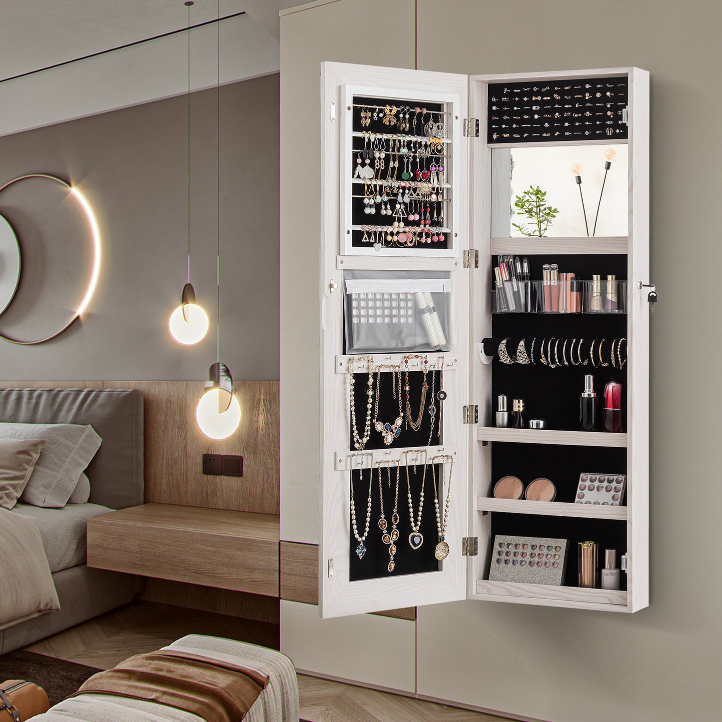 Lockable Storage Jewelry Cabinet  with Frameless Mirror-White Kids Crystal