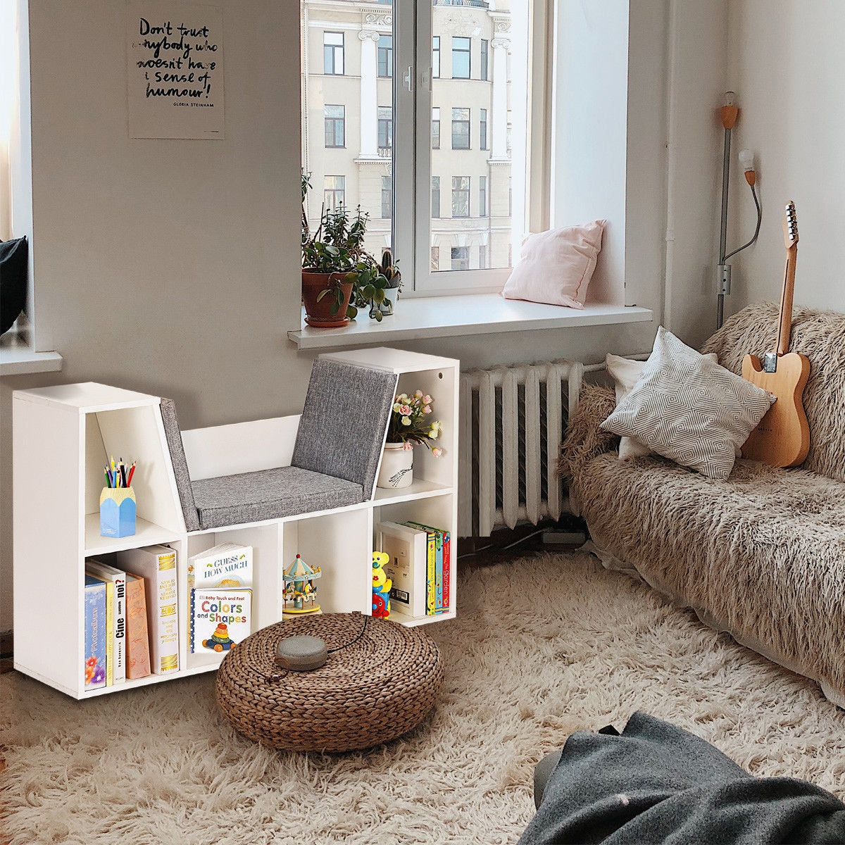 6-Cubby Kid Storage Bookcase Cushioned Reading Nook-White Kids Crystal