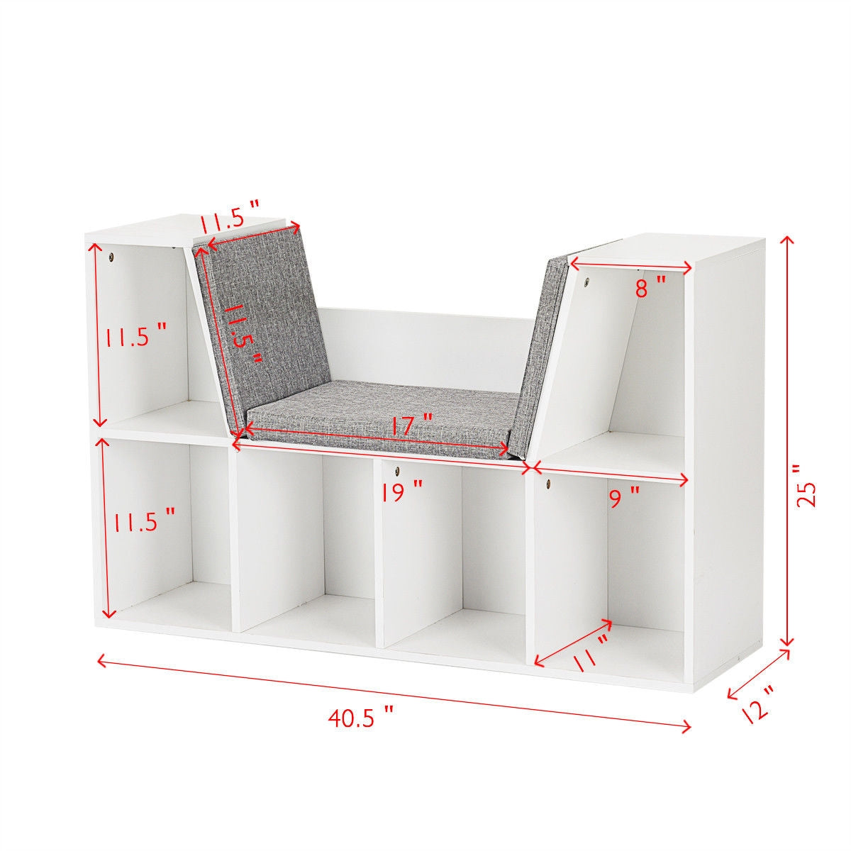 6-Cubby Kid Storage Bookcase Cushioned Reading Nook-White Kids Crystal
