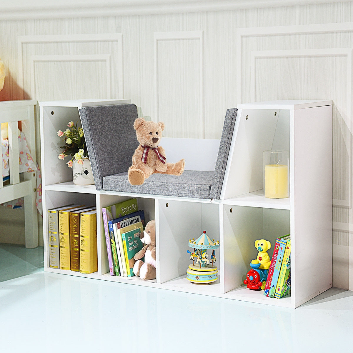 6-Cubby Kid Storage Bookcase Cushioned Reading Nook-White Kids Crystal