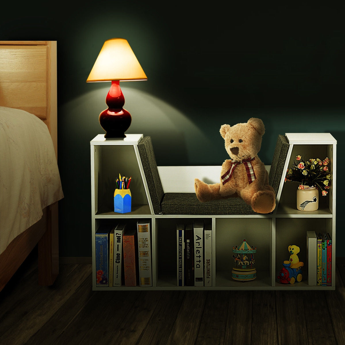 6-Cubby Kid Storage Bookcase Cushioned Reading Nook-White Kids Crystal