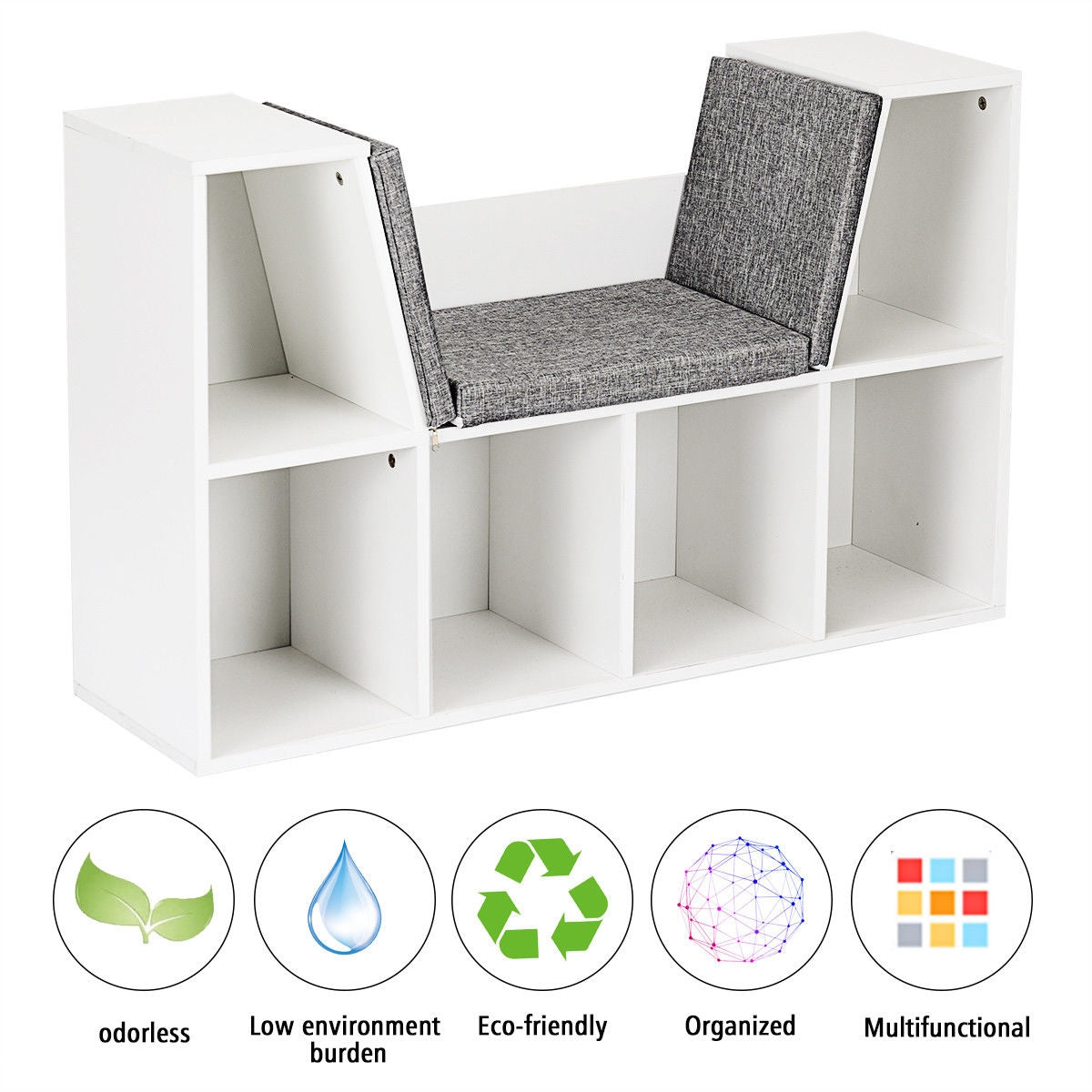6-Cubby Kid Storage Bookcase Cushioned Reading Nook-White Kids Crystal