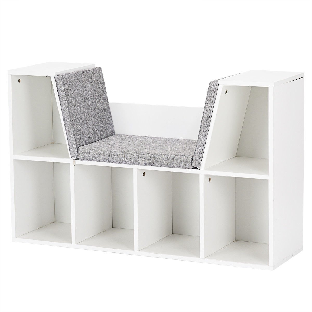 6-Cubby Kid Storage Bookcase Cushioned Reading Nook-White Kids Crystal