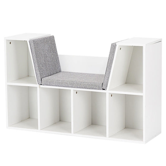 6-Cubby Kid Storage Bookcase Cushioned Reading Nook-White Kids Crystal