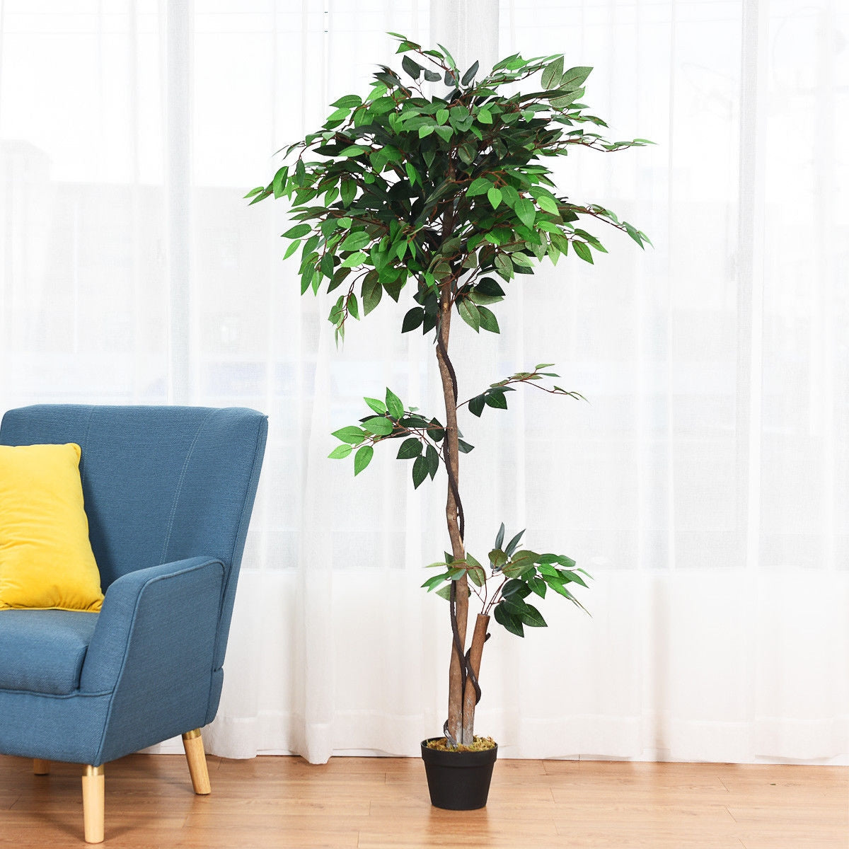 5.5 Feet Artificial Ficus Silk Tree with Wood Trunks Kids Crystal