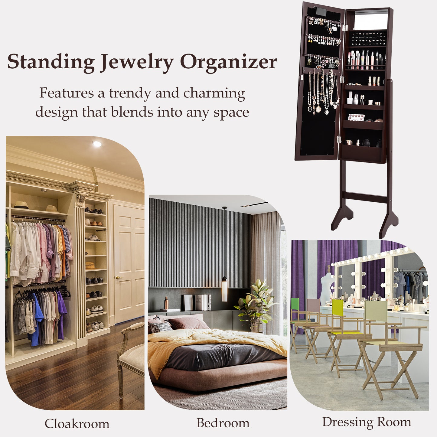 Mirrored Jewelry Cabinet Armoire Organizer w/ LED lights-Brown Kids Crystal