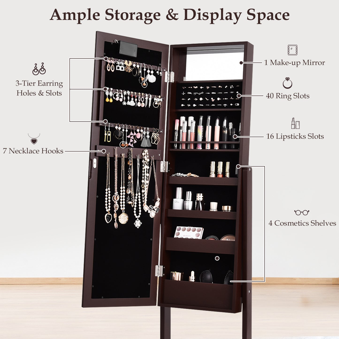Mirrored Jewelry Cabinet Armoire Organizer w/ LED lights-Brown Kids Crystal