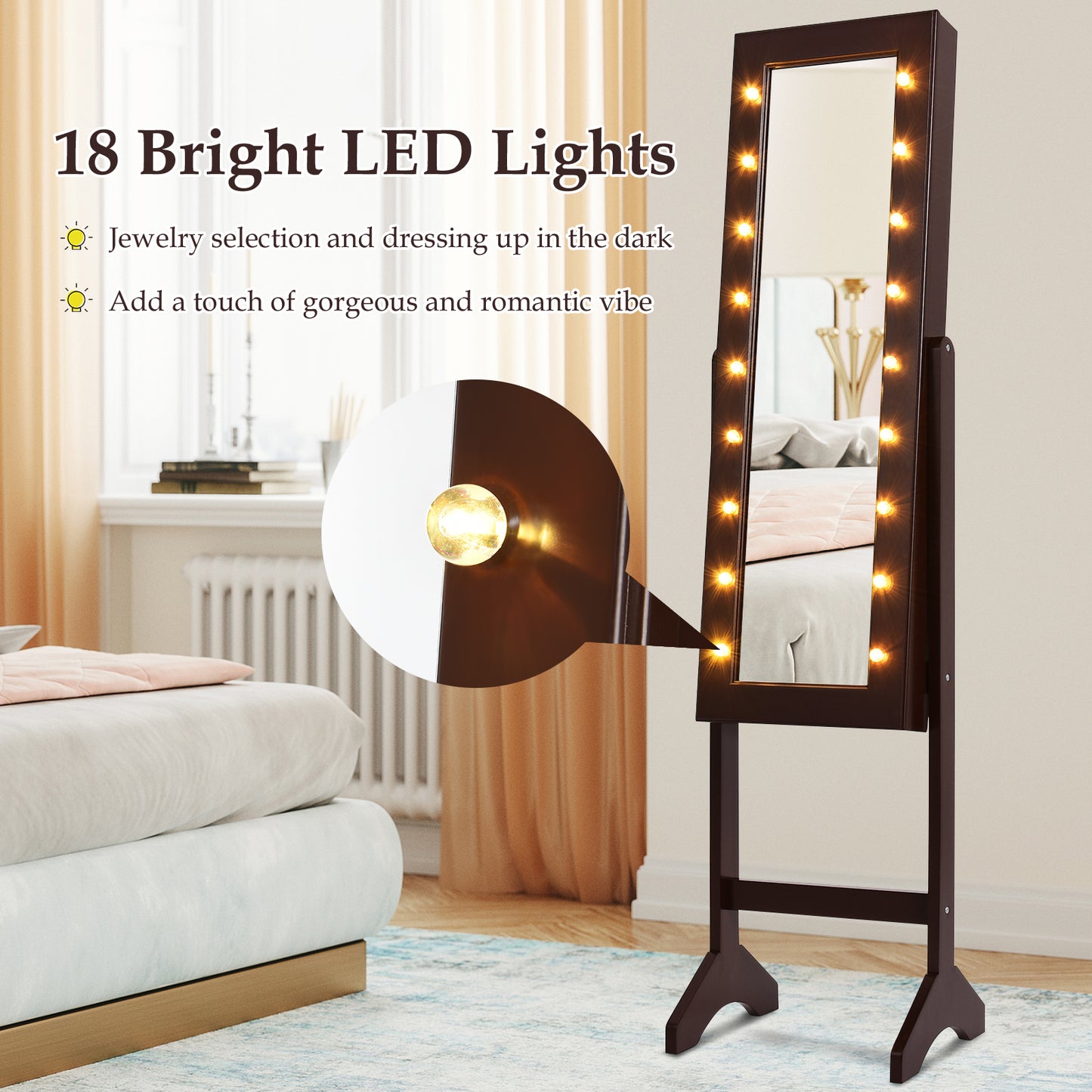 Mirrored Jewelry Cabinet Armoire Organizer w/ LED lights-Brown Kids Crystal