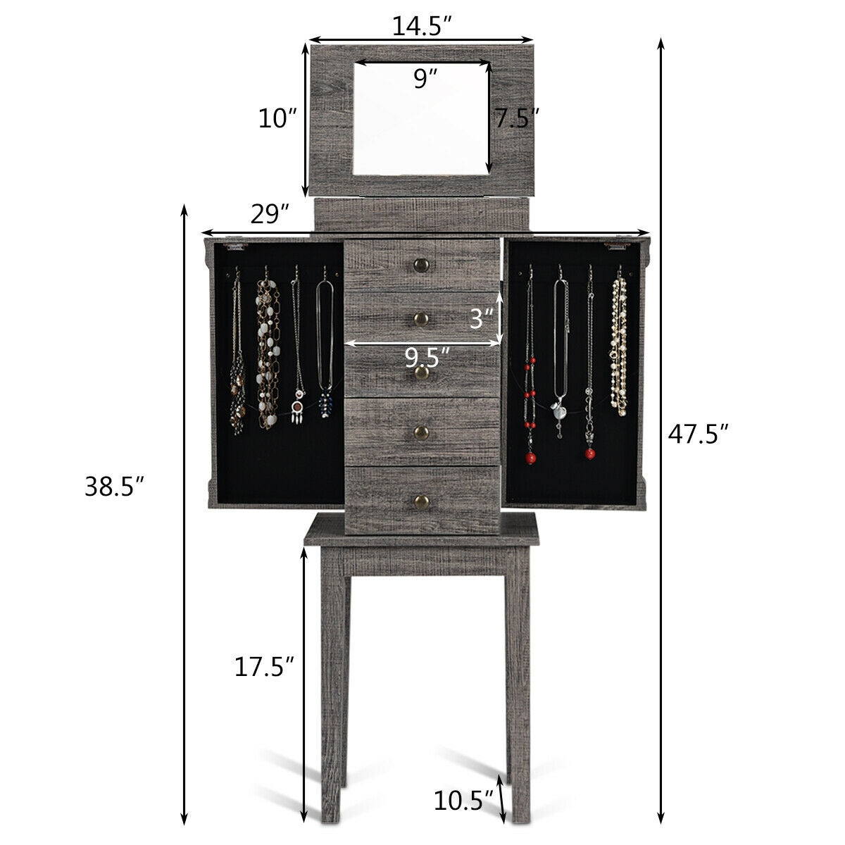 Standing Jewelry Cabinet Storage Organizer with Wooden Legs Kids Crystal
