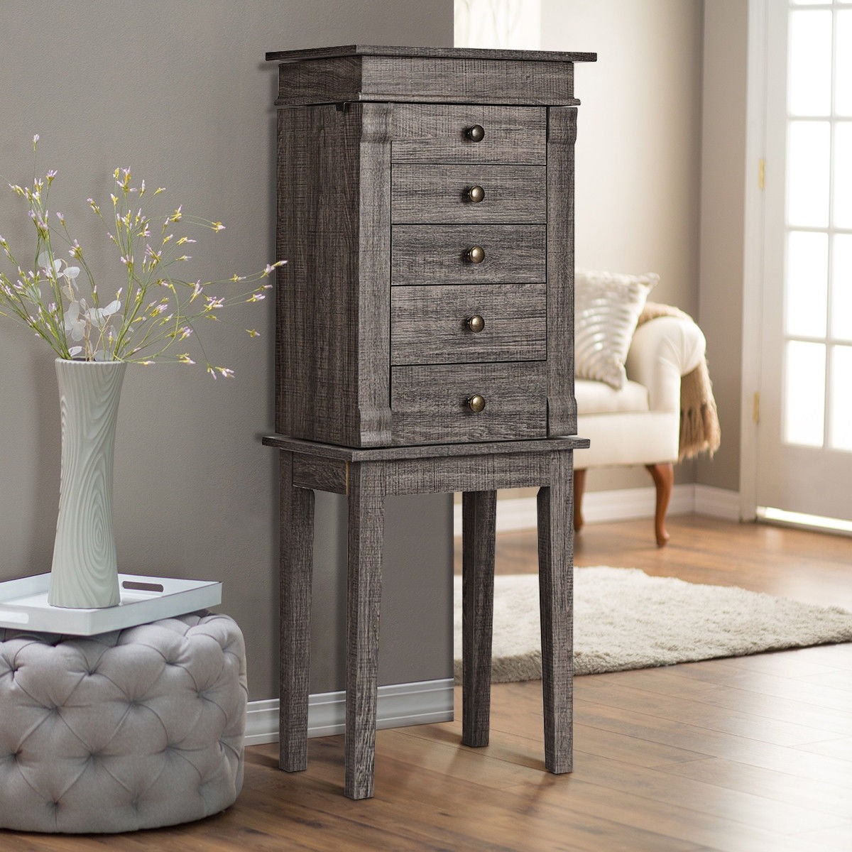 Standing Jewelry Cabinet Storage Organizer with Wooden Legs Kids Crystal