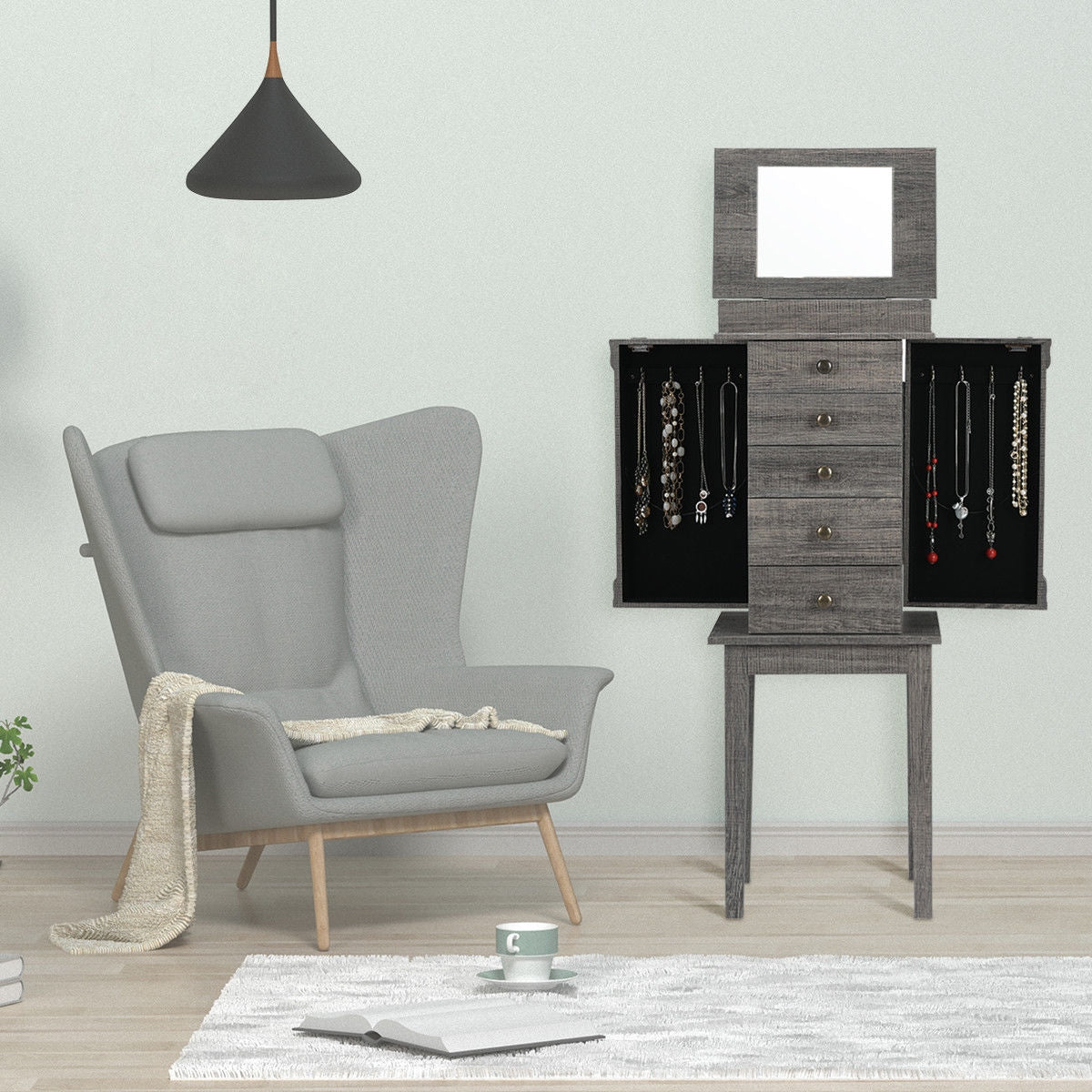 Standing Jewelry Cabinet Storage Organizer with Wooden Legs Kids Crystal