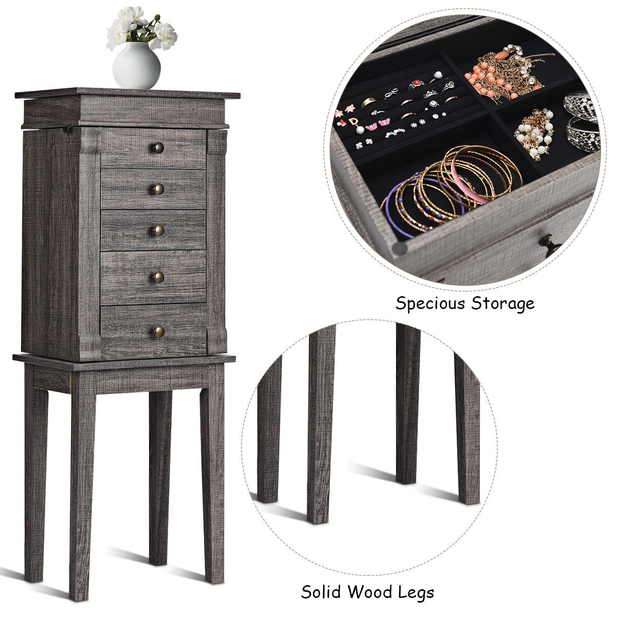 Standing Jewelry Cabinet Storage Organizer with Wooden Legs Kids Crystal