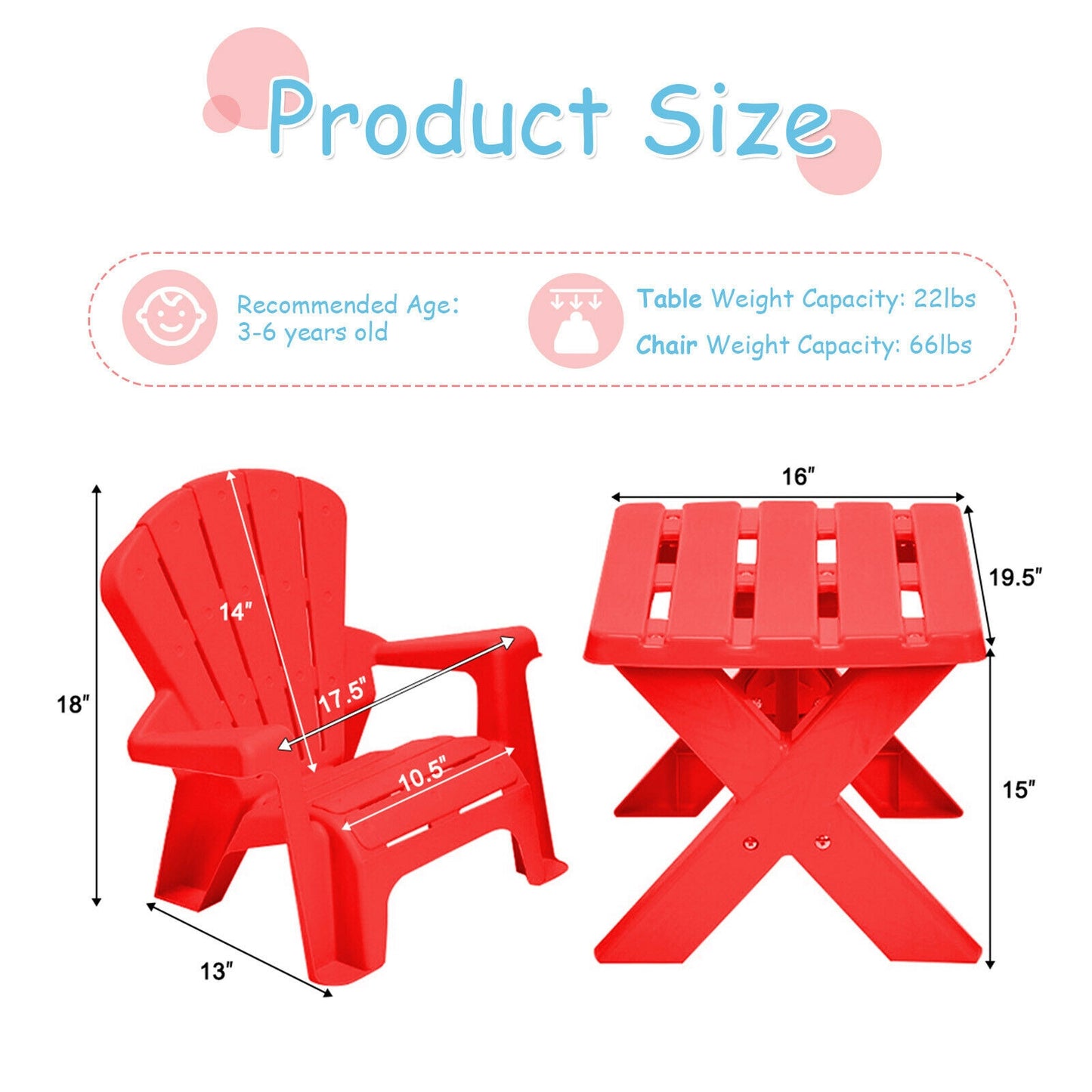 3-Piece Plastic Children Play Table Chair Set-Red Kids Crystal