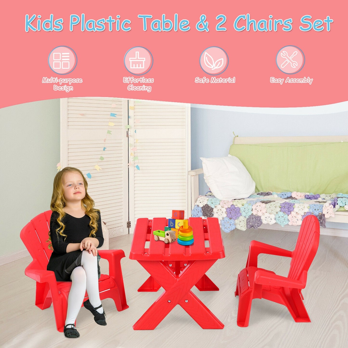 3-Piece Plastic Children Play Table Chair Set-Red Kids Crystal