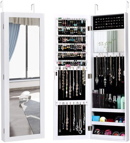 Wall Door Mounted Mirrored Jewelry Cabinet Storage Organizer-White Kids Crystal