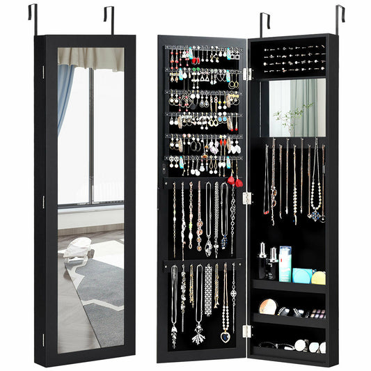 Wall Door Mounted Mirrored Jewelry Cabinet Storage Organizer-Black Kids Crystal