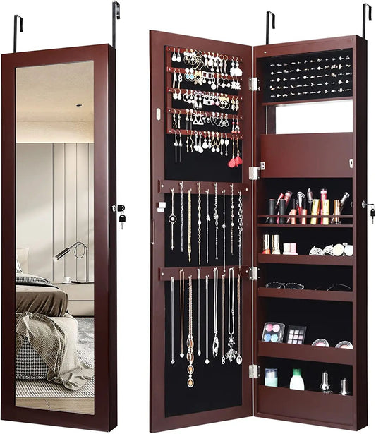 Lockable Wall Door Mounted Mirror Jewelry Cabinet with LED Lights-Brown Kids Crystal