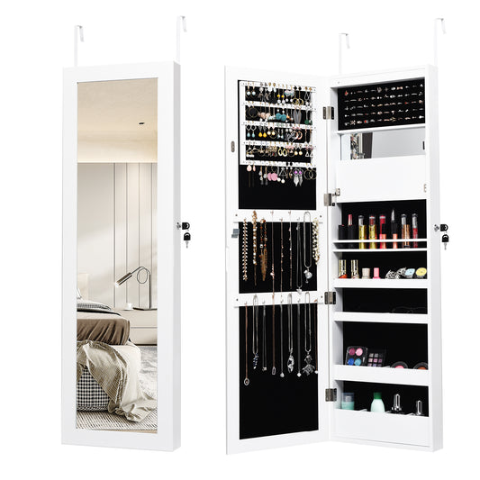 Lockable Wall Door Mounted Mirror Jewelry Cabinet with LED Lights-White Kids Crystal