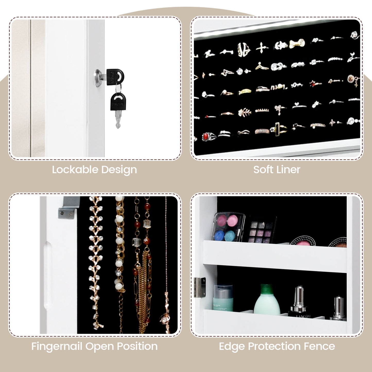 Lockable Wall Door Mounted Mirror Jewelry Cabinet with LED Lights-White Kids Crystal
