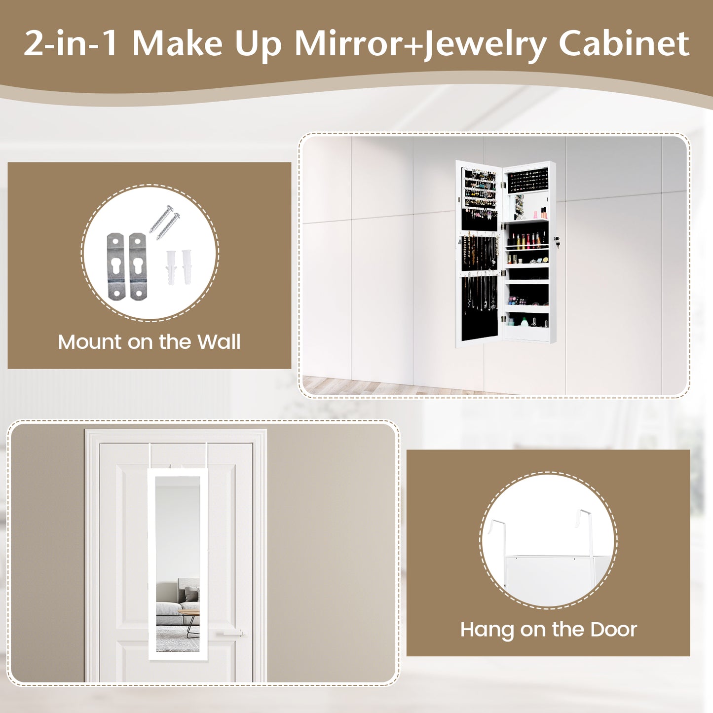 Lockable Wall Door Mounted Mirror Jewelry Cabinet with LED Lights-White Kids Crystal