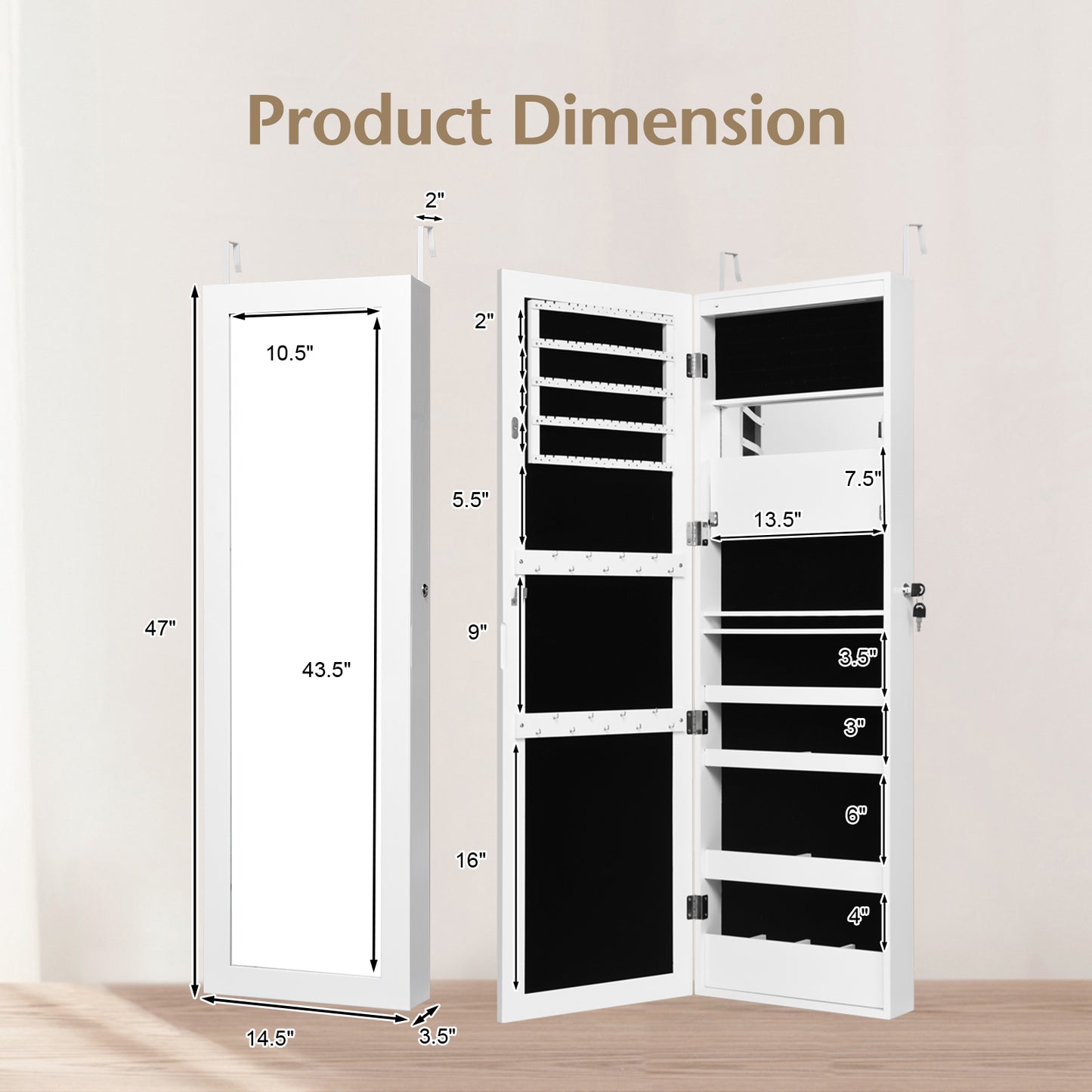 Lockable Wall Door Mounted Mirror Jewelry Cabinet with LED Lights-White Kids Crystal