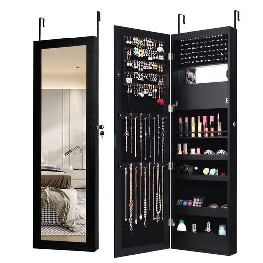 Lockable Wall Door Mounted Mirror Jewelry Cabinet with LED Lights-Black Kids Crystal