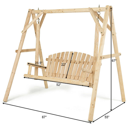 Outdoor Wooden Porch Bench Swing Chair with Rustic Curved Back