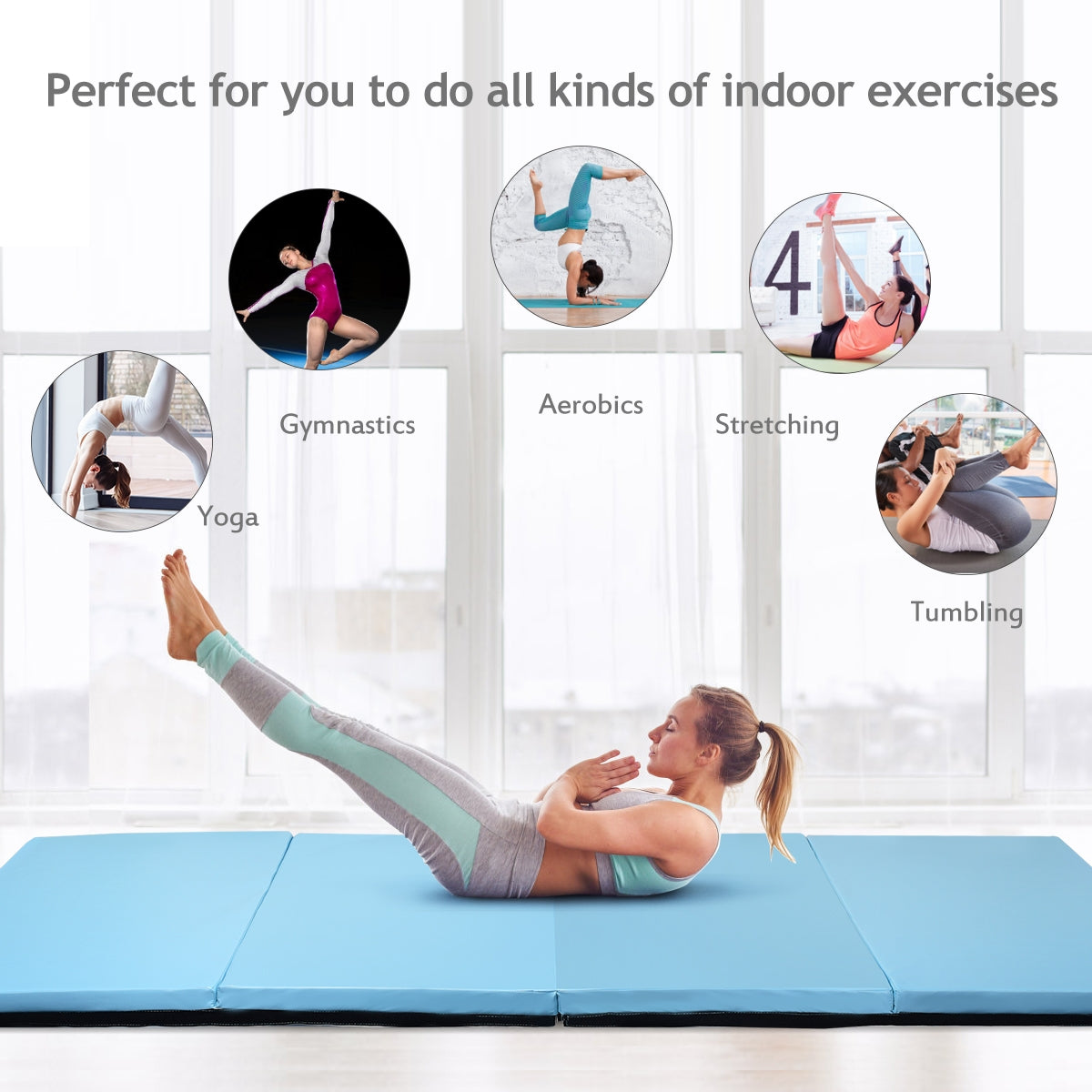 4 Feet x 10 Feet Thick Folding Panel Gymnastics Mat-Light Blue Kids Crystal