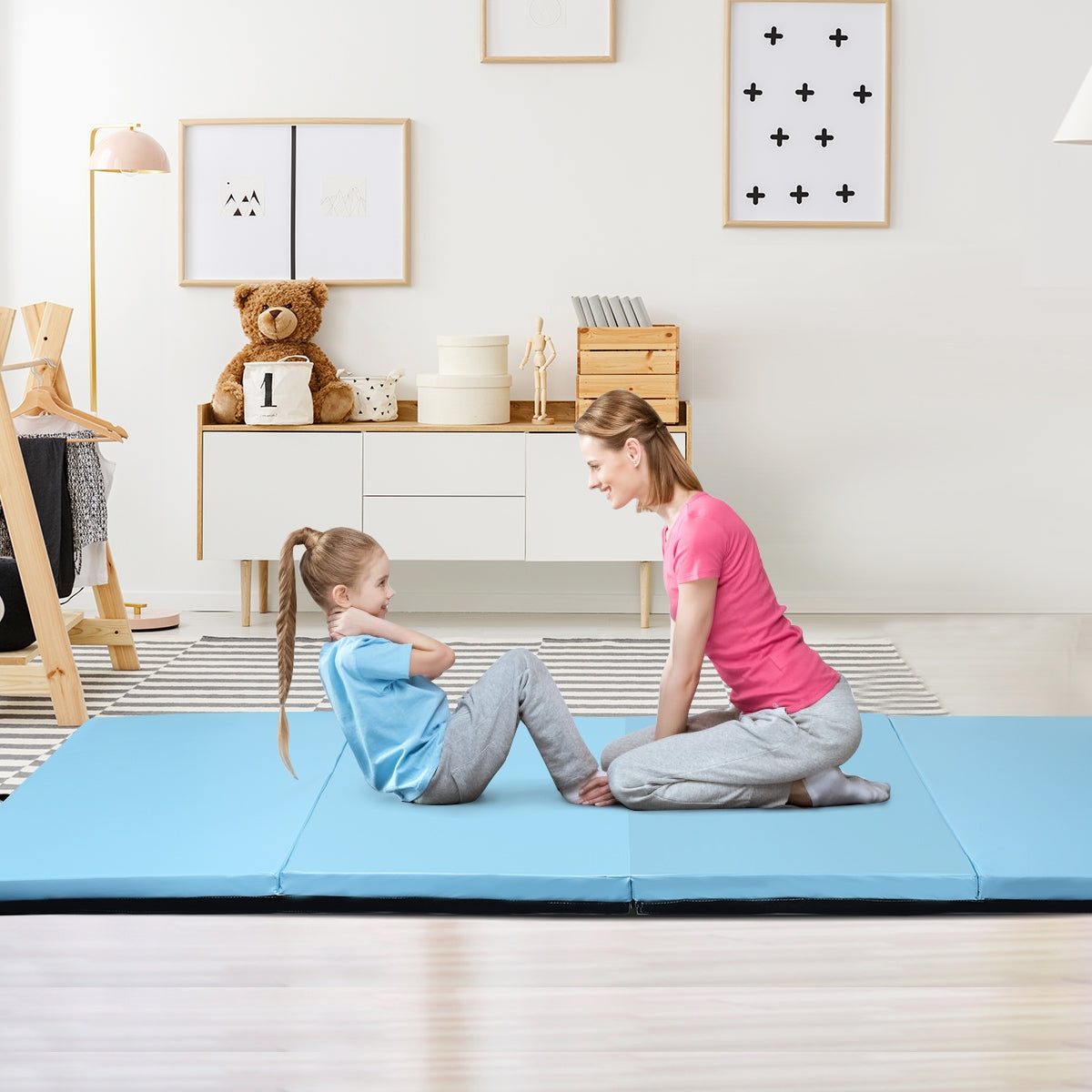 4 Feet x 10 Feet Thick Folding Panel Gymnastics Mat-Light Blue Kids Crystal