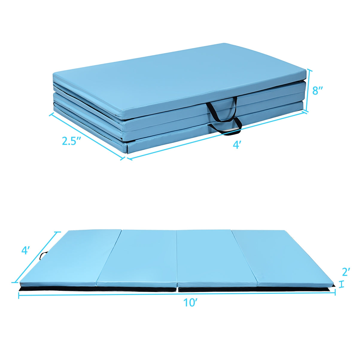 4 Feet x 10 Feet Thick Folding Panel Gymnastics Mat-Light Blue Kids Crystal