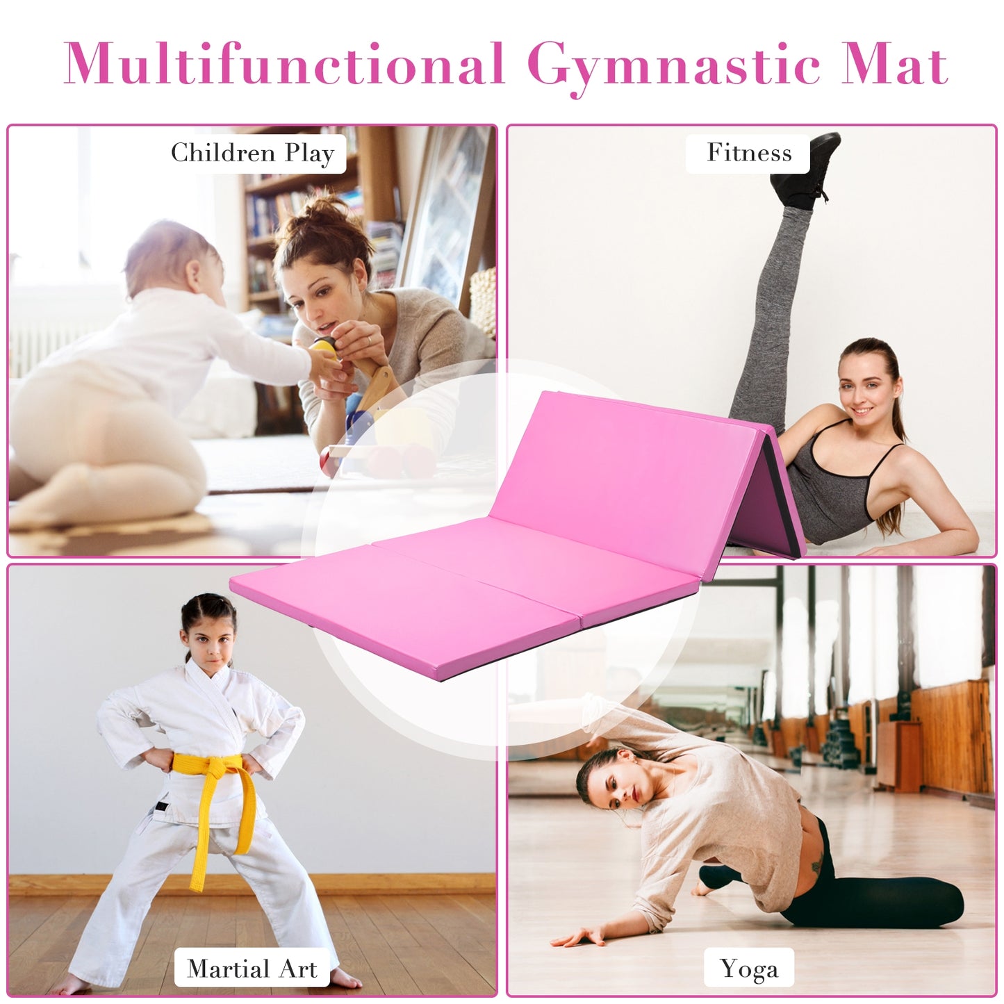 4-Panel Folding Gymnastics Mat with Carrying Handles-Pink Kids Crystal