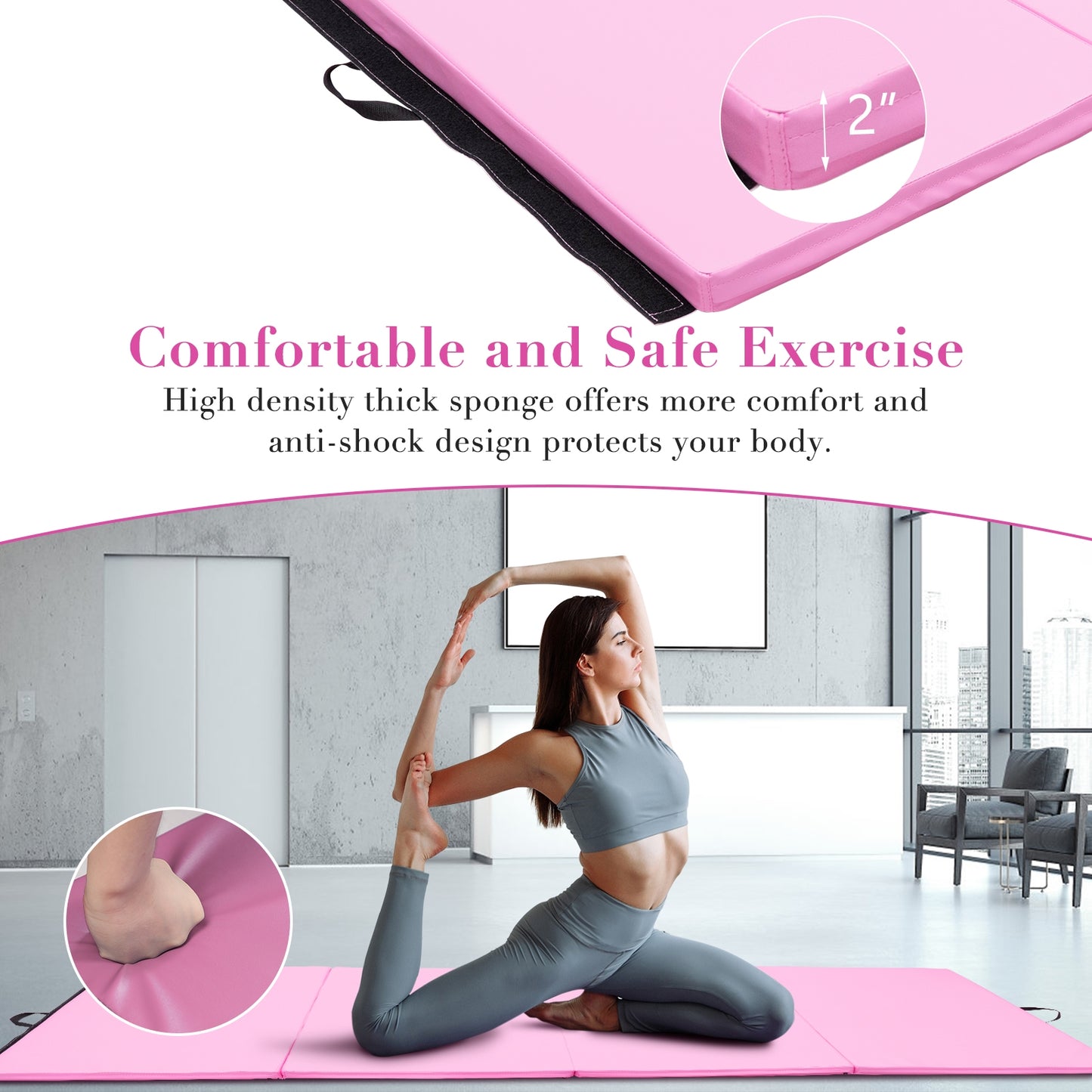 4-Panel Folding Gymnastics Mat with Carrying Handles-Pink Kids Crystal
