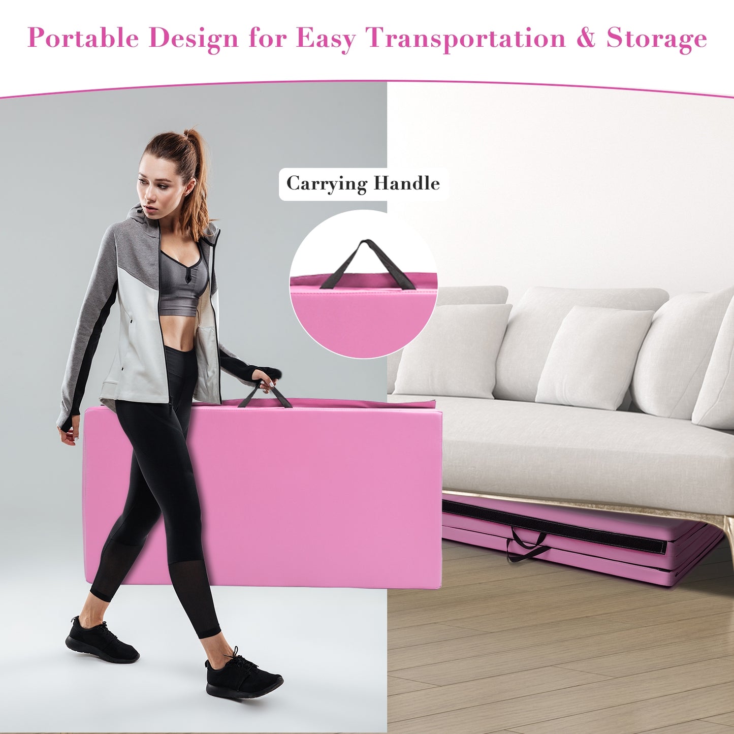 4-Panel Folding Gymnastics Mat with Carrying Handles-Pink Kids Crystal