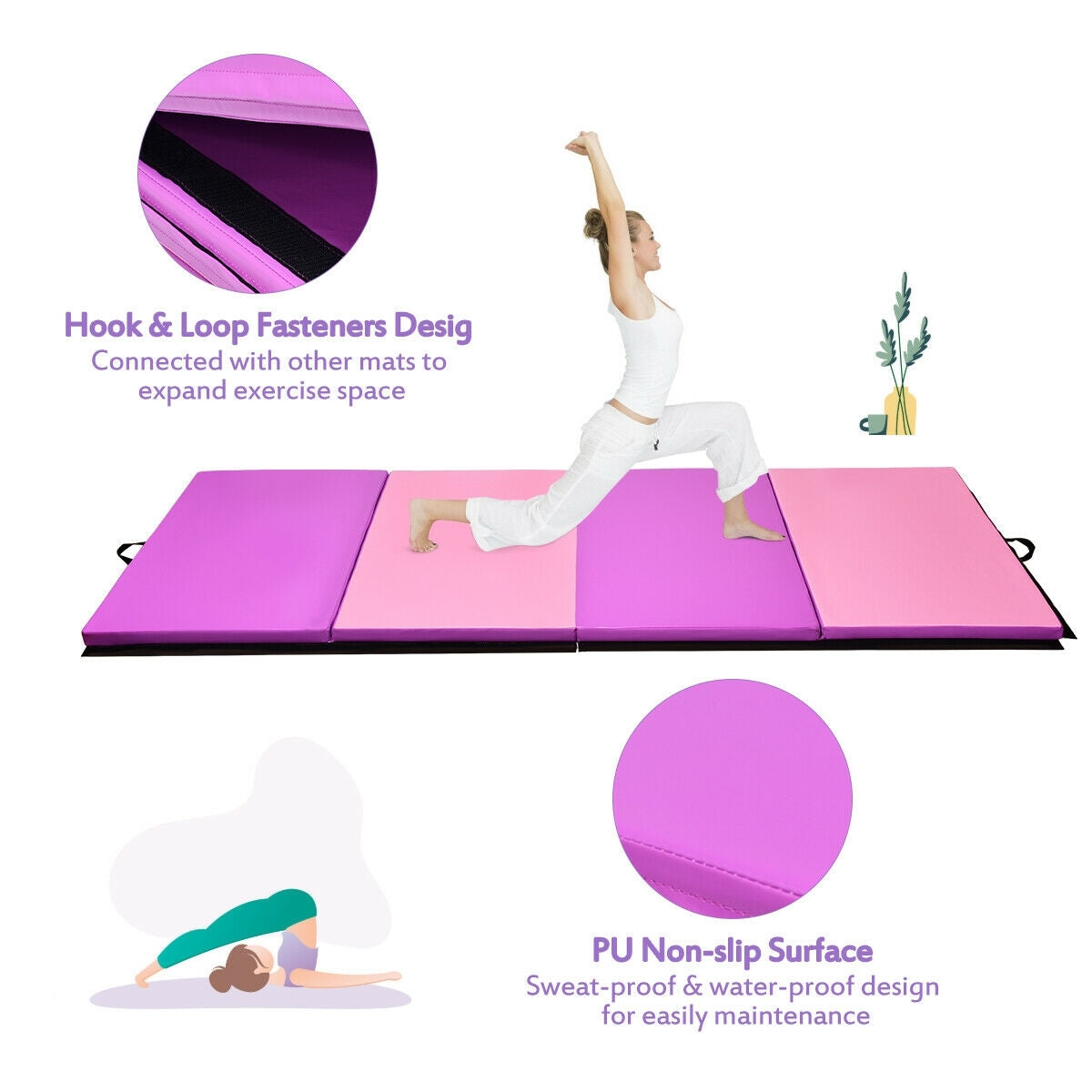 4 Feet x 10 Feet Thick Folding Panel Gymnastics Mat-Pink & Purple Kids Crystal