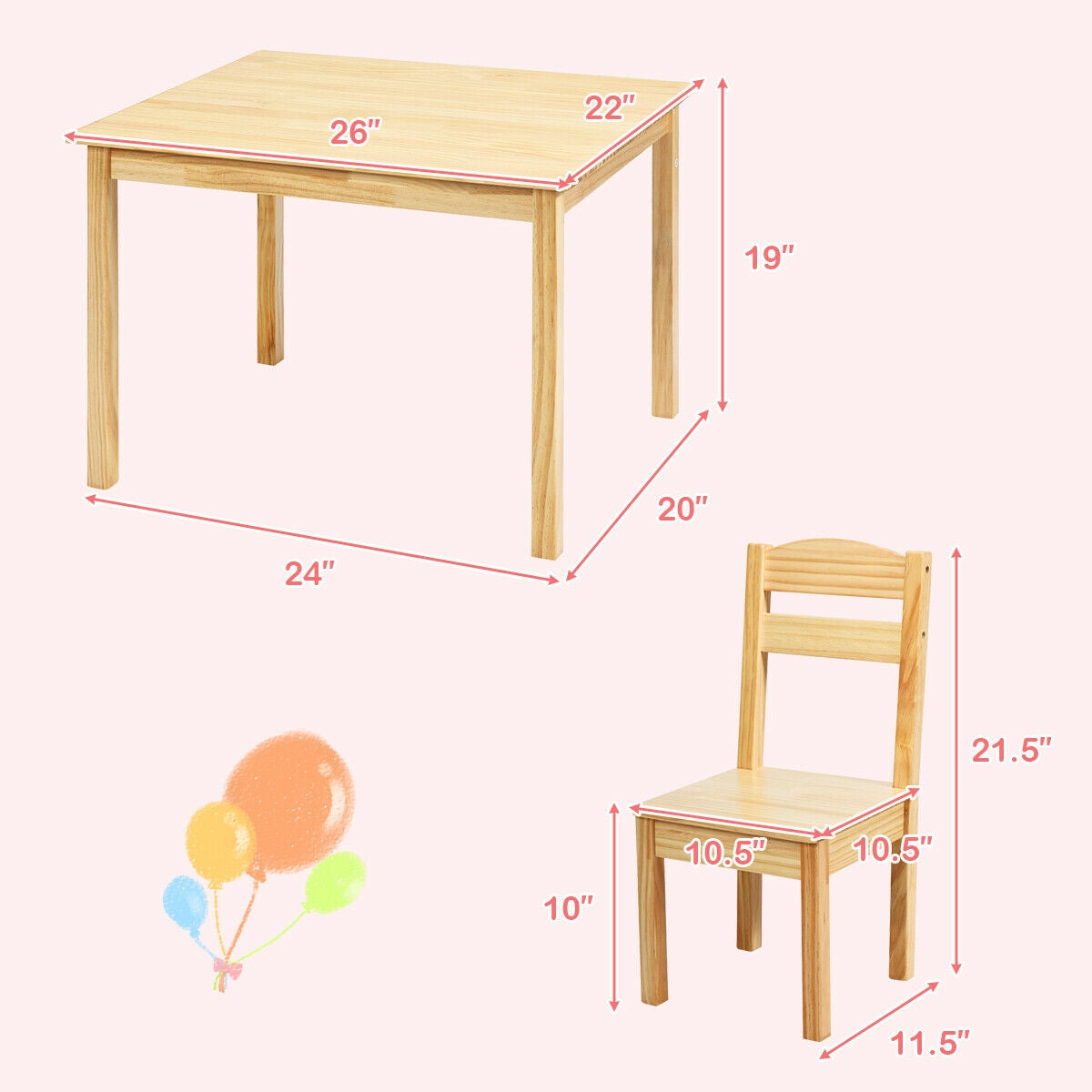 5 Pieces Kids Pine Wood Table Chair Set-Natural Kids Crystal