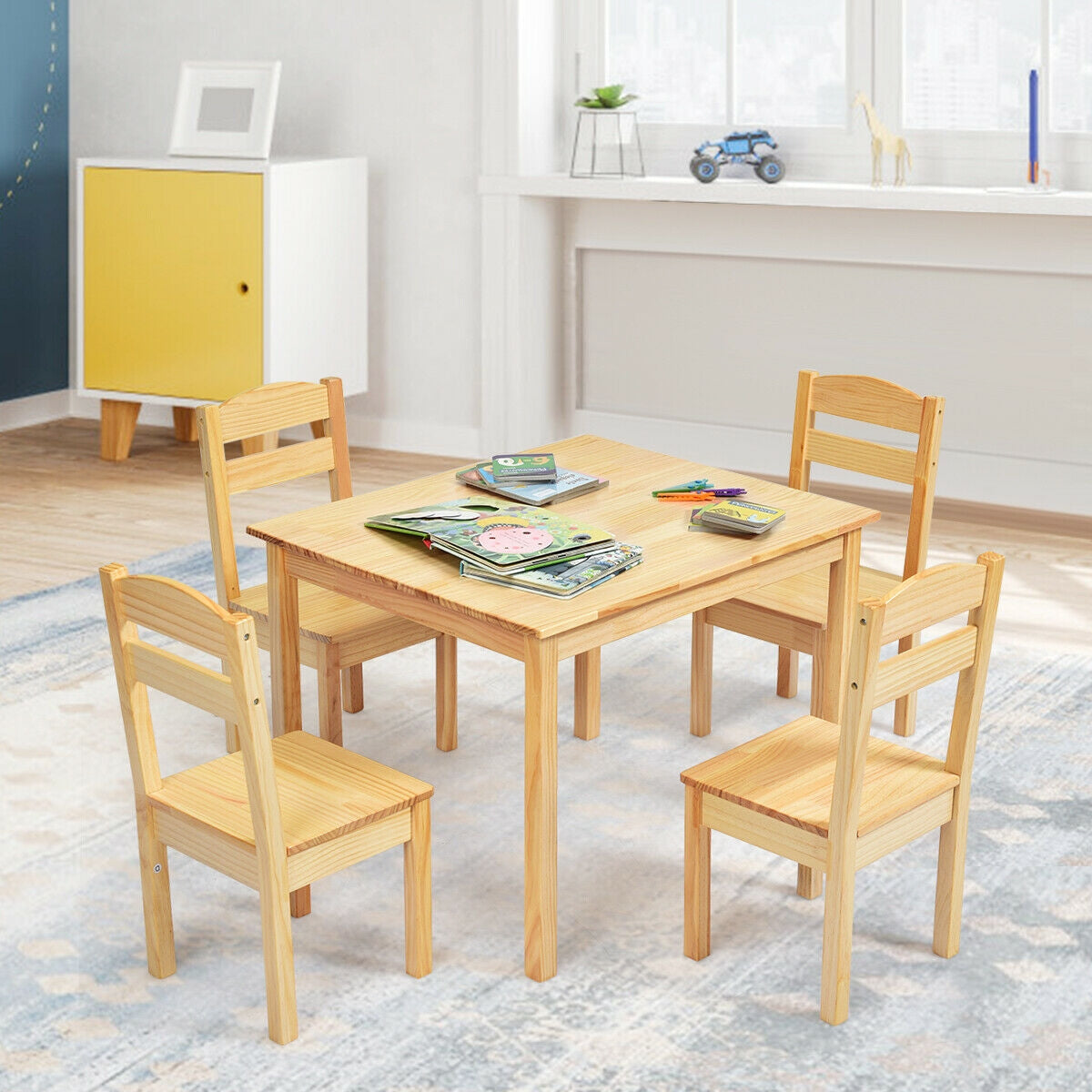 5 Pieces Kids Pine Wood Table Chair Set-Natural Kids Crystal